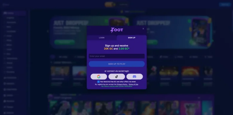 Zoot Social Casino sign up page