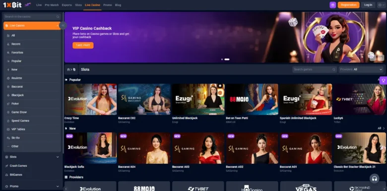 1xBit Casino live casino page