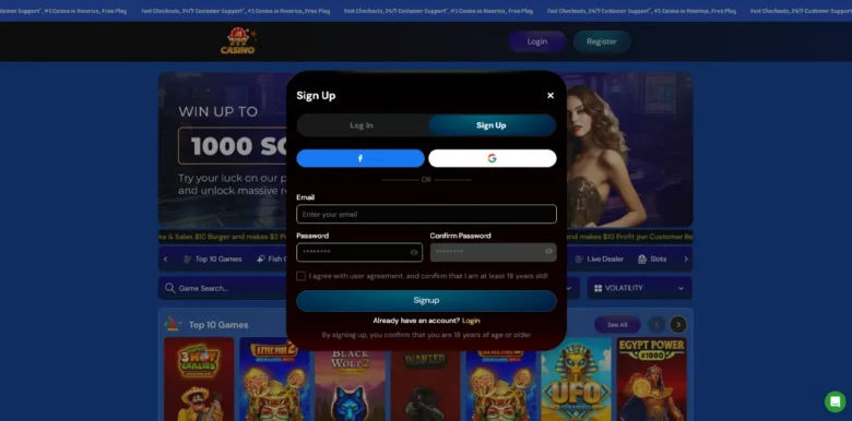 A1 Social Casino sign up page