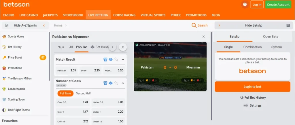 Betsson im Browser: Nach zwei Startbildschirmen wählst du Sprache (17 Optionen) und Sportart. Bei Fußball legst du Land und Liga fest. Quoten sind gut sichtbar, Änderungen farbig markiert. Wähle Pre-Match oder Live-Wetten.