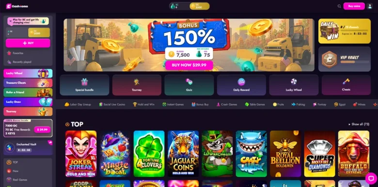 Cashoomo Social Casino main webpage