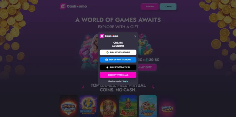Cashoomo Social Casino sign up page