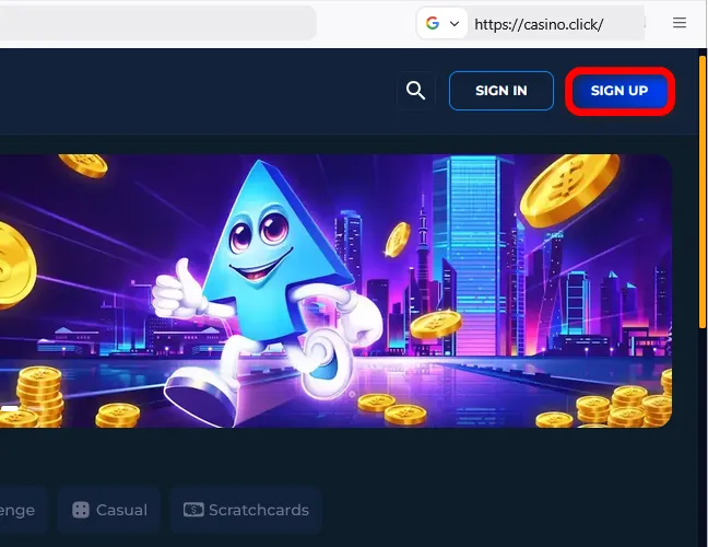 Open Casino.Click and press the Sign Up button in the top-right corner.