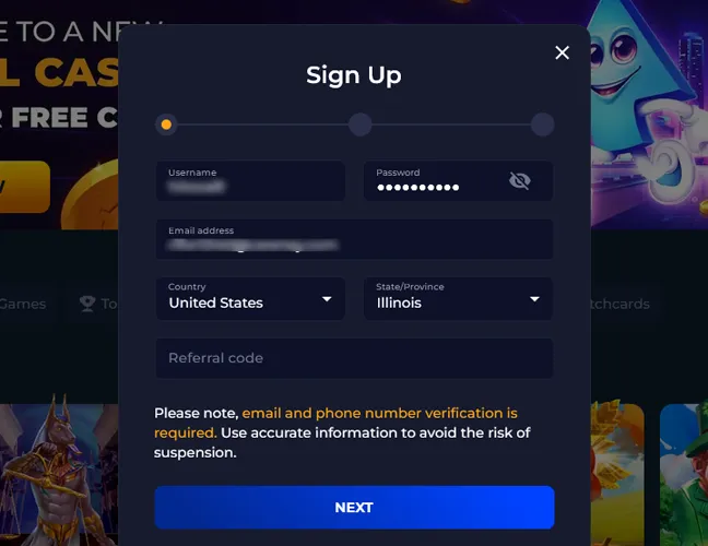 Select the country, choose the correct state, and add a referral code if you have one.