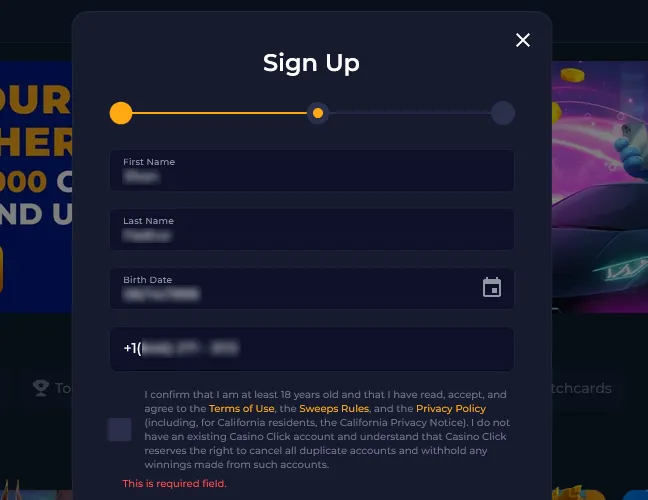 Press Next and enter first name, last name, birth date, and phone number with the country code.