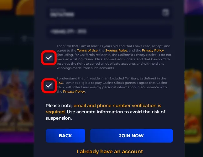Confirm your age, accept the Terms of Use, Sweeps Rules, and Privacy Policy, and confirm that you are not located in an excluded territory.