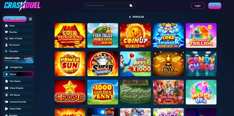 CrashDuel Casino popular slots page