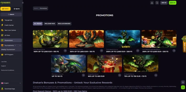 Drakaris Casino promotions page