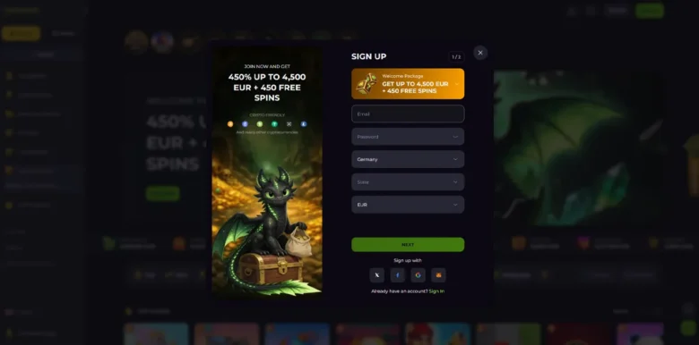 Drakaris Casino sign up page