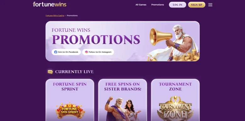 Fortune Wins Social Casino promotions page
