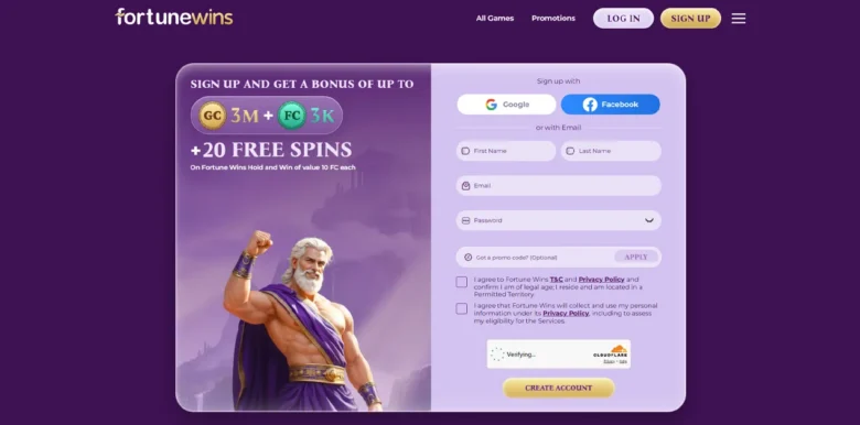 Fortune Wins Social Casino sign up page