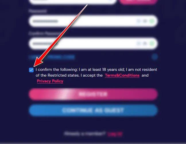 Confirm that you meet the age and restricted-state requirements, and accept the Terms and Conditions and Privacy Policy.