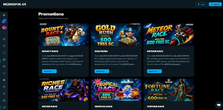 Moonspin Social Casino promotions page