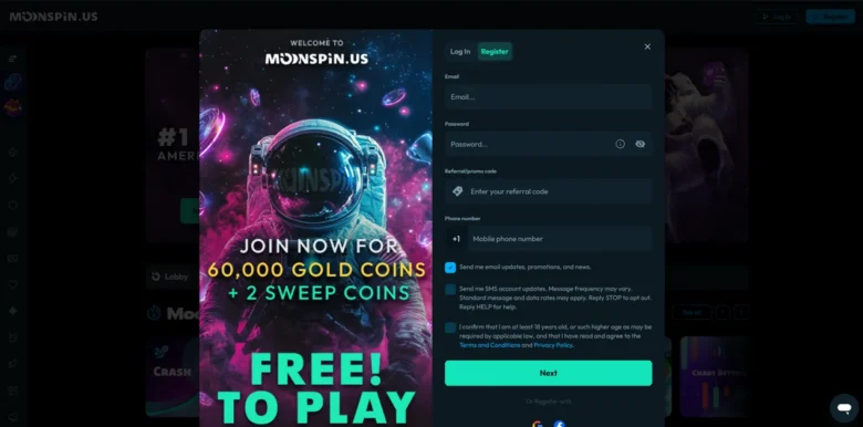 Moonspin Social Casino sign up page