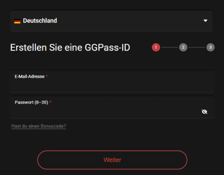 Land und Währung auswählen, dann E-Mail und sicheres Passwort eintragen