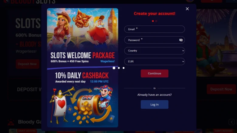 Bloody Slots Casino Registration Screenshot