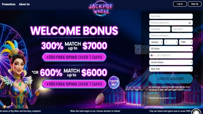 Jackpot Wheel Casino Homepage Screenshot