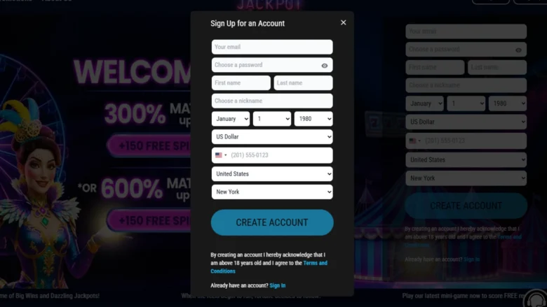Jackpot Wheel Casino  Registration Screenshot