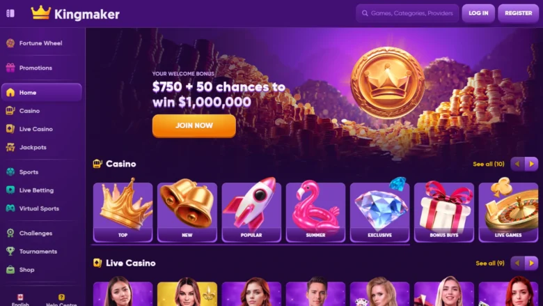 KingMaker Casino home page screenshot