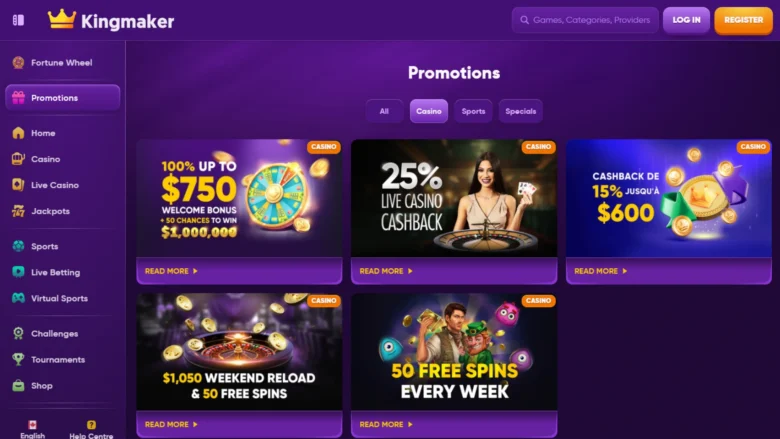 KingMaker Casino screenshot promotions page