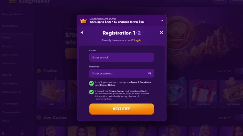 KingMaker Casino screenshot registration page
