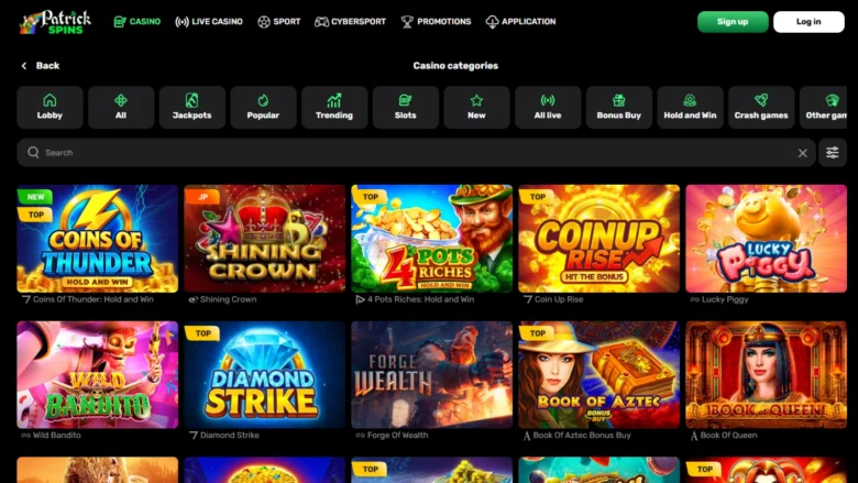 Patrick Spins Casino Page Screenshot 