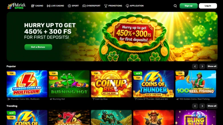 Patrick Spins Casino Homepage Screenshot 