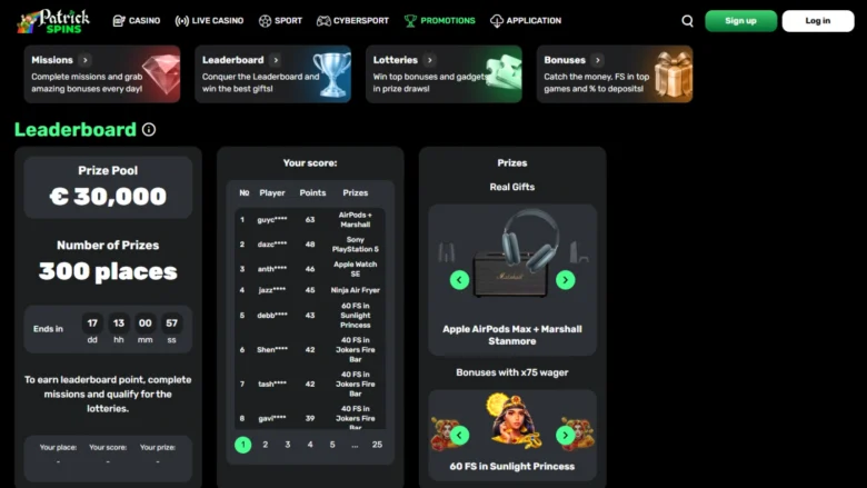 Patrick Spins Casino Promotion page Screenshot 