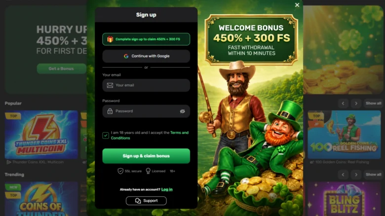Patrick Spins Casino Registration Page Screenshot 