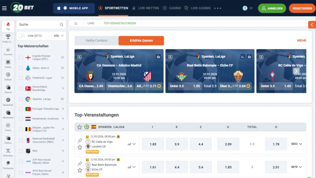 Screenshot der Wettseite