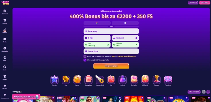 Lollyspins Casino Lobby screenshot