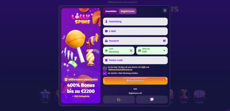 Lollyspins Casino Anmeldung screenshot