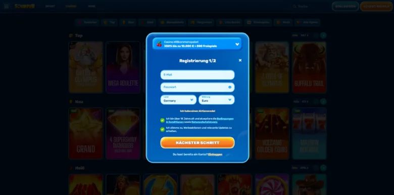 Spinfin Casino – Registrierungsseite