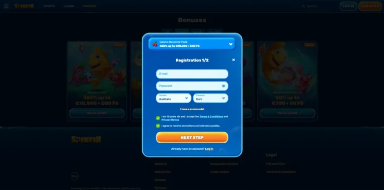 Spinfin Casino sign up page