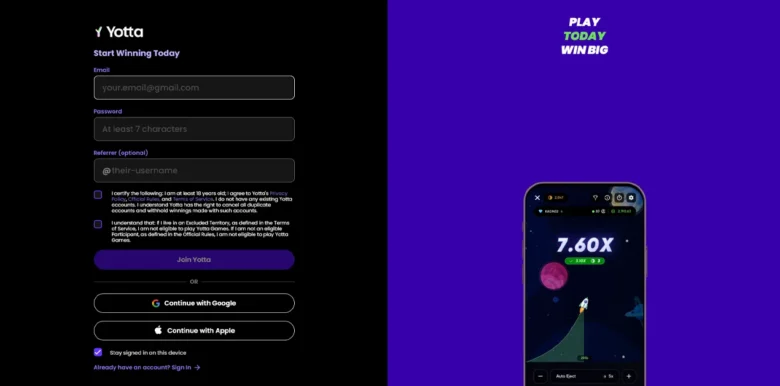 Yotta Social Casino sign up page