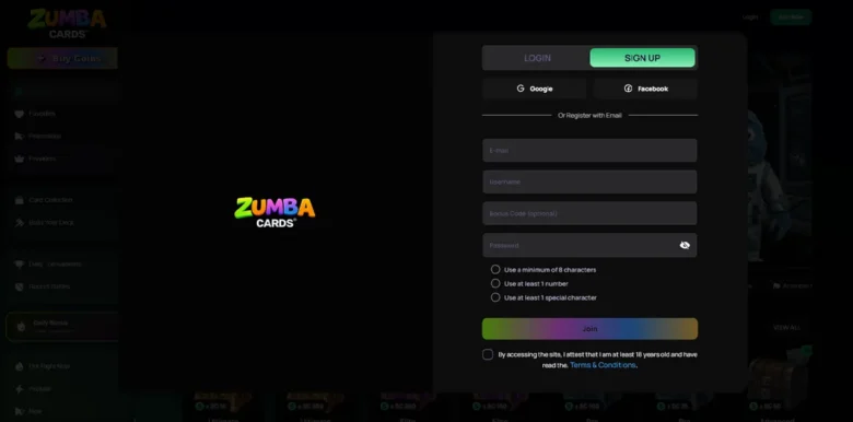 ZumbaCards Casino sign up page