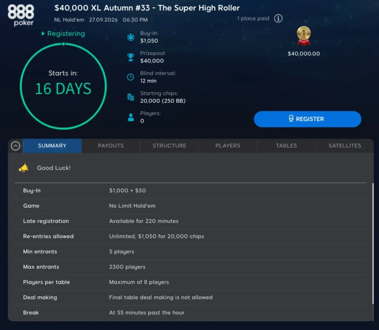 $1,050 XL Autumn #33 – The Super High Roller ($40,000 Gtd) startet am 27. September um 18:30 UTC mit 20,000 Chips und unbegrenzten Re-Entries.