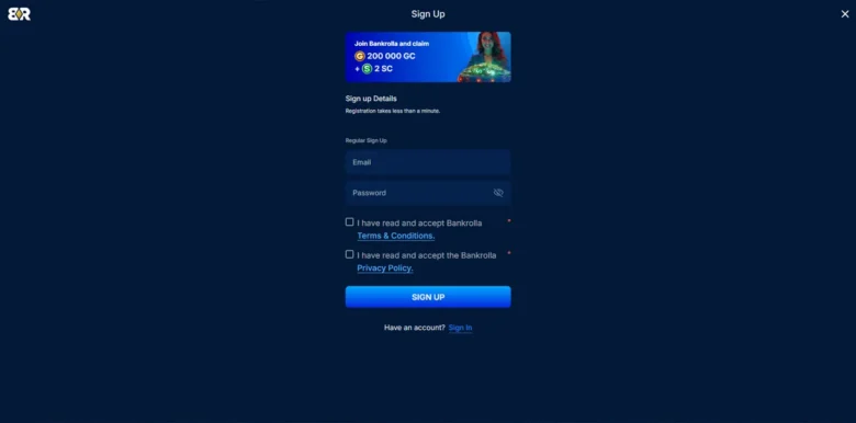BankRolla Casino sign up page