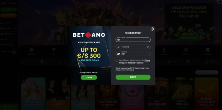 Betamo Casino sign up page