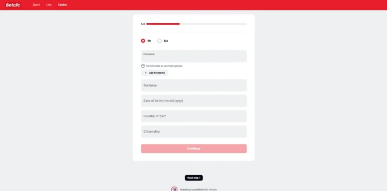Betclic Casino sign up page