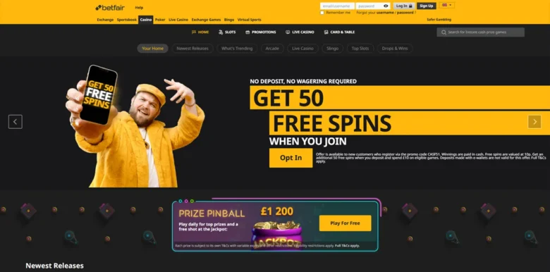 Betfair Casino main webpage