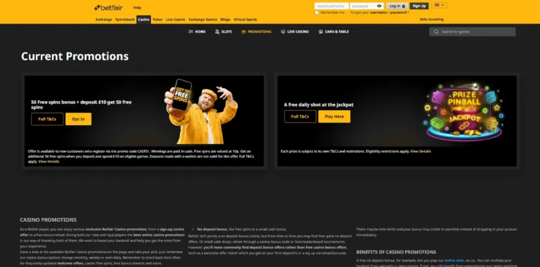 Betfair Casino promotions page