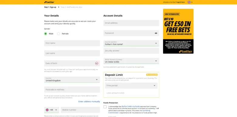 Betfair Casino sign up page
