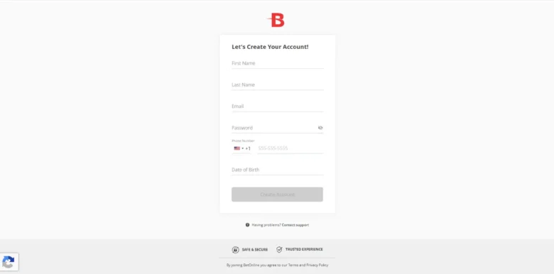 BetOnline Casino sign up page