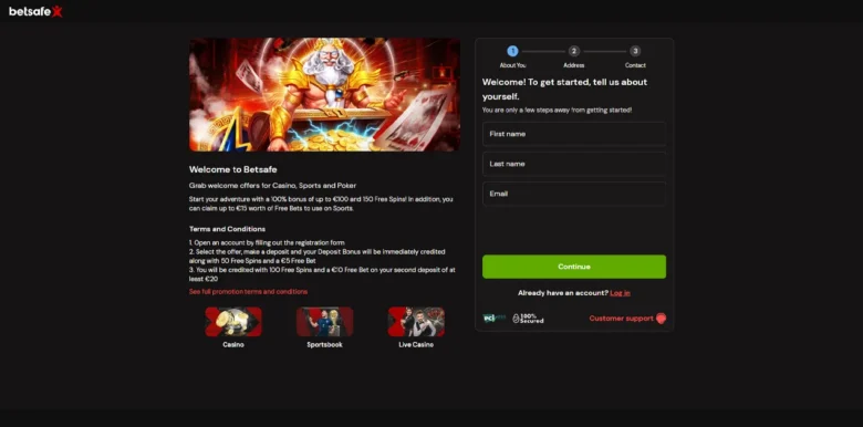 Betsafe Casino sign up page
