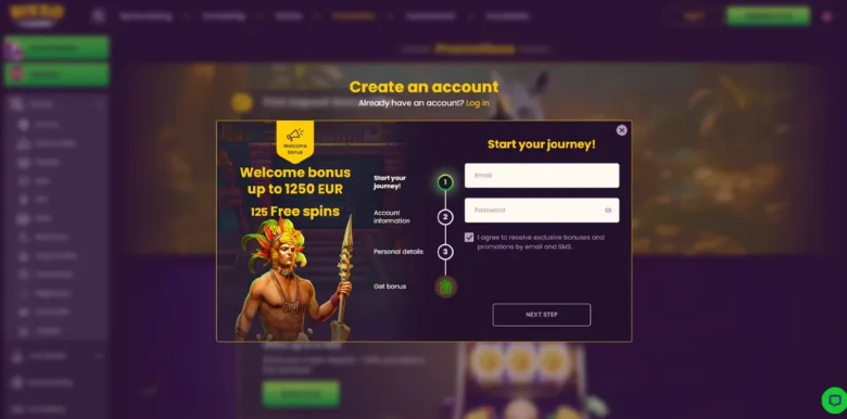 Bizzo Casino sign up page