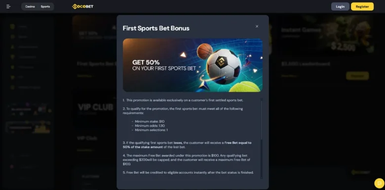 CocoBet Sportsbook welcome bonus page