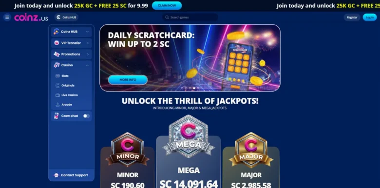 Coinz Social Casino main webpage