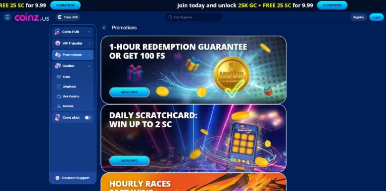 Coinz Social Casino promotions page