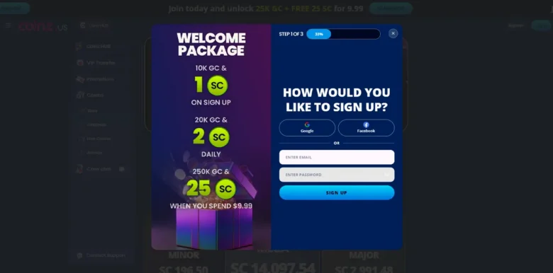 Coinz Social Casino sign up page